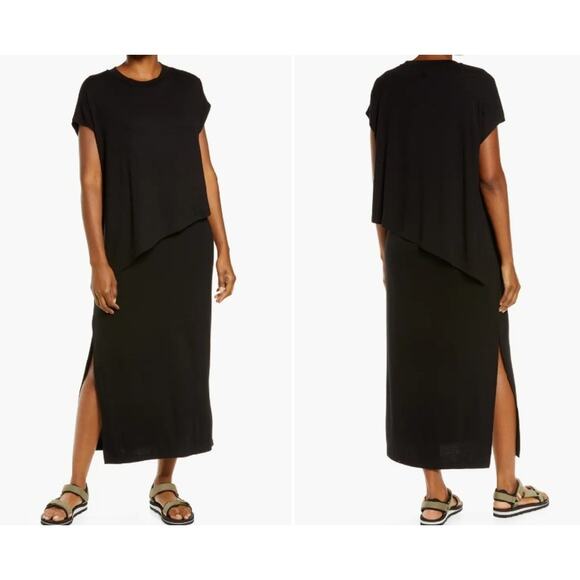 Sweaty Betty Mellow Midi Dress Sz M Black Asymmetrical Viscose Blend Minimalist - Picture 8 of 8